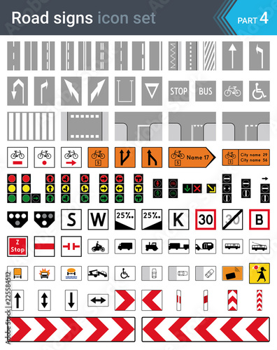 Road signs isolated on white background. Road markings signs, cycleway signs, traffic signals signs, complementary plates and tram signs. High quality traffic road signs.