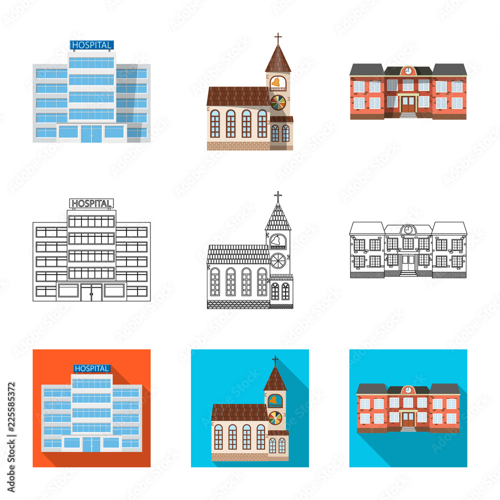 Vector design of building and front sign. Collection of building and roof vector icon for stock.