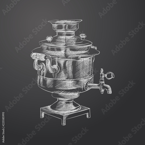 Hand Drawn samovar Sketch Symbol isolated on chalkboard. Vector tea time Element In Trendy Style