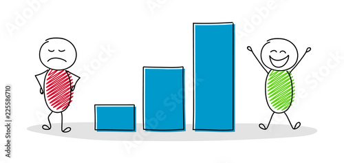 Business pictogram with cartoon stickmen showing column graph. Vector.