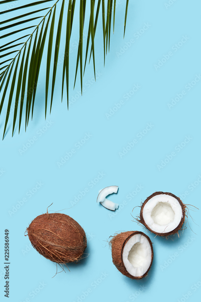A beautiful composition of organic halves and a whole coconut on a blue background decorated with a plaque sheet with a copy of the space. Flat lay A beautiful composition of organic halves and a whole coconut on a blue background decorated with a plaque sheet with a copy of the space. Flat lay