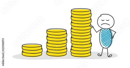 Funny hand drawn businessman showing money graph. Vector.