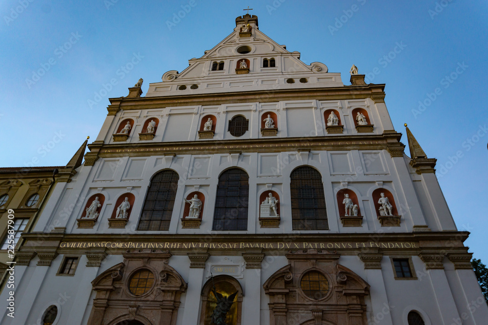 Facade of the church of St. Michael Kirche (Michaelskirche) the Archangel in the historical center of Munich, Bavaria, Germany