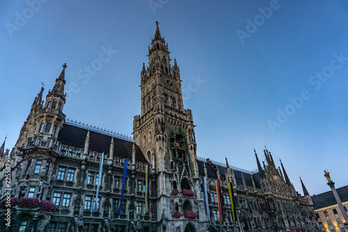 The clock tower of the new City Hall (Rathaus) in Marienplatz is a famous building in Gothic architecture - Munich, Bavaria, Germany, Europe