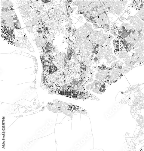 Mappa satellitare di Yangon, Myanmar, strade della città. Stradario e mappa del centro città. Asia
