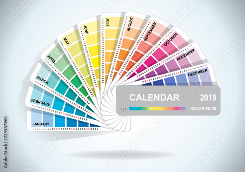 Color guide calendar 2019. Colorful charts samples isolated on white background. Rainbow paper hand fan. Vector illustration