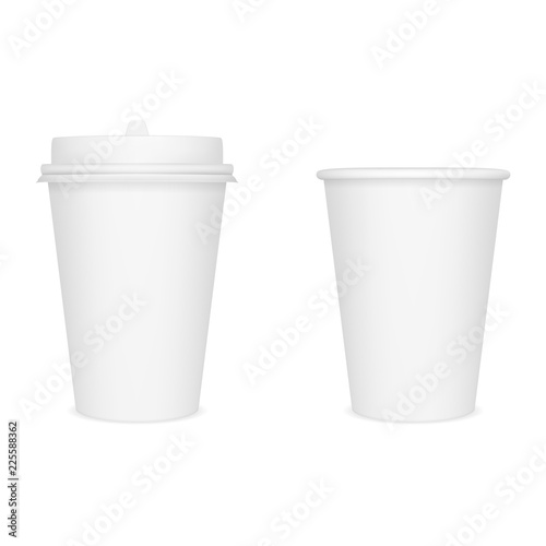 Vector realistic image (mockup, layout) of a white closed paper cup for coffee (or other beverages) with a white lid and open without a lid. The image was created using gradient mesh. Vector EPS 10.