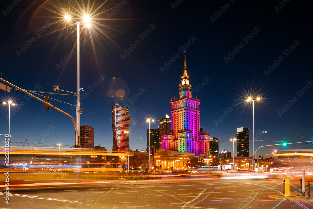  The Palace of Culture and Science and night traffic during rush hour.