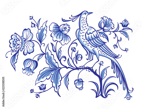 Fantastic bird on a magic tree with flowers, decorative vector ornament in blue tones. Painting for dishes, print for fabric, embroidery, etc. Delft and English porcelain, Gzhel painting.