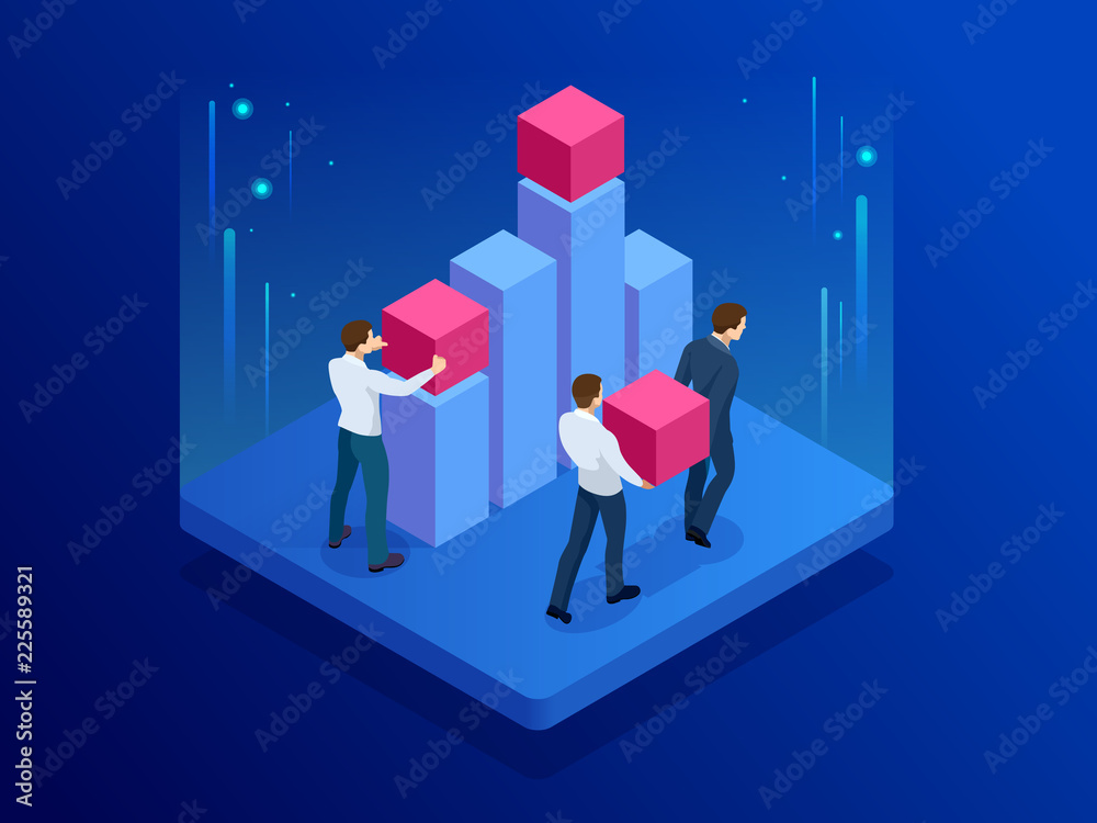 Isometric Business team doing data analysis and statistics concept ...
