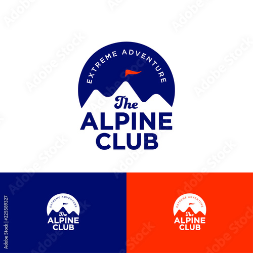 Alpine club logo. Mountain peaks and pennant is inserted at the top of the mountain. Emblem for sportswear, mountaineering. Winning the competition icon.