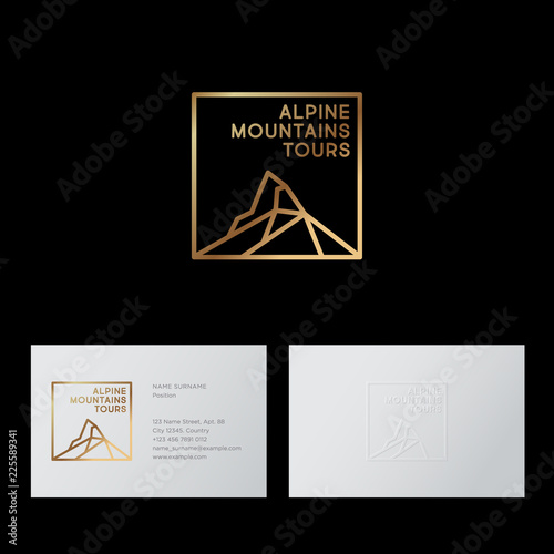 Alpine Tours Company logo. Mountain Travel Agency emblem. Mountain peaks and letters. Emblem for alpinism, climbing and mining equipment. 