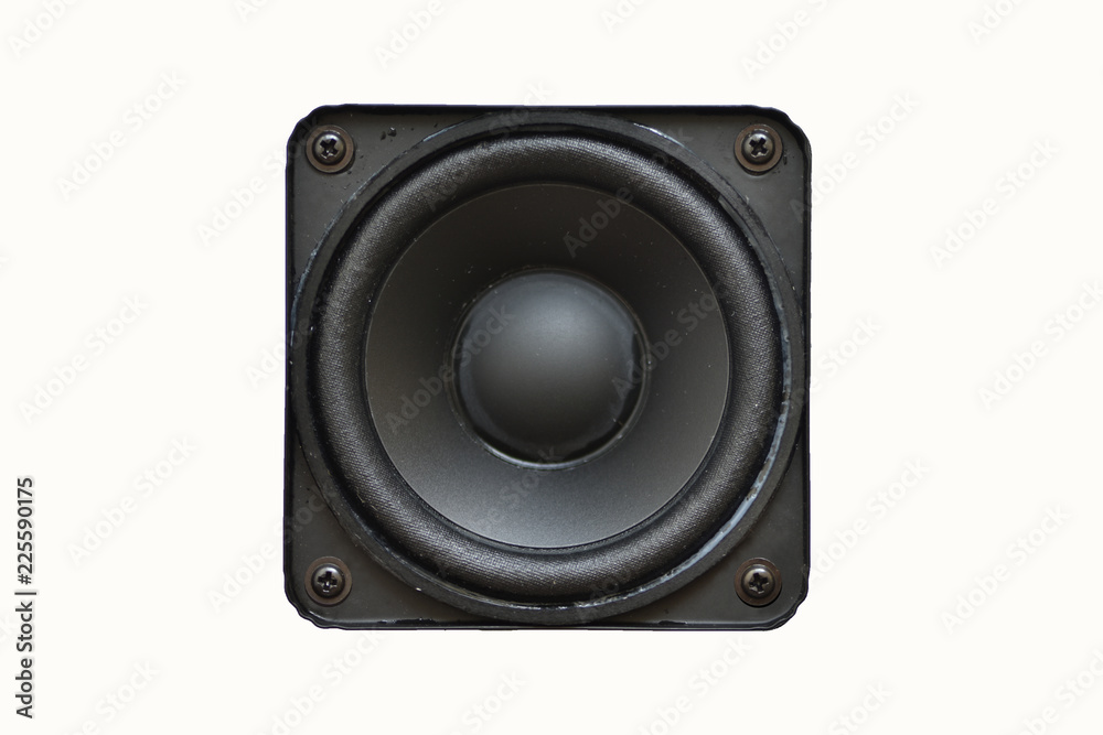Audio equipment, square dusty speaker isolated on white background Audio equipment, square dusty speaker isolated on white background