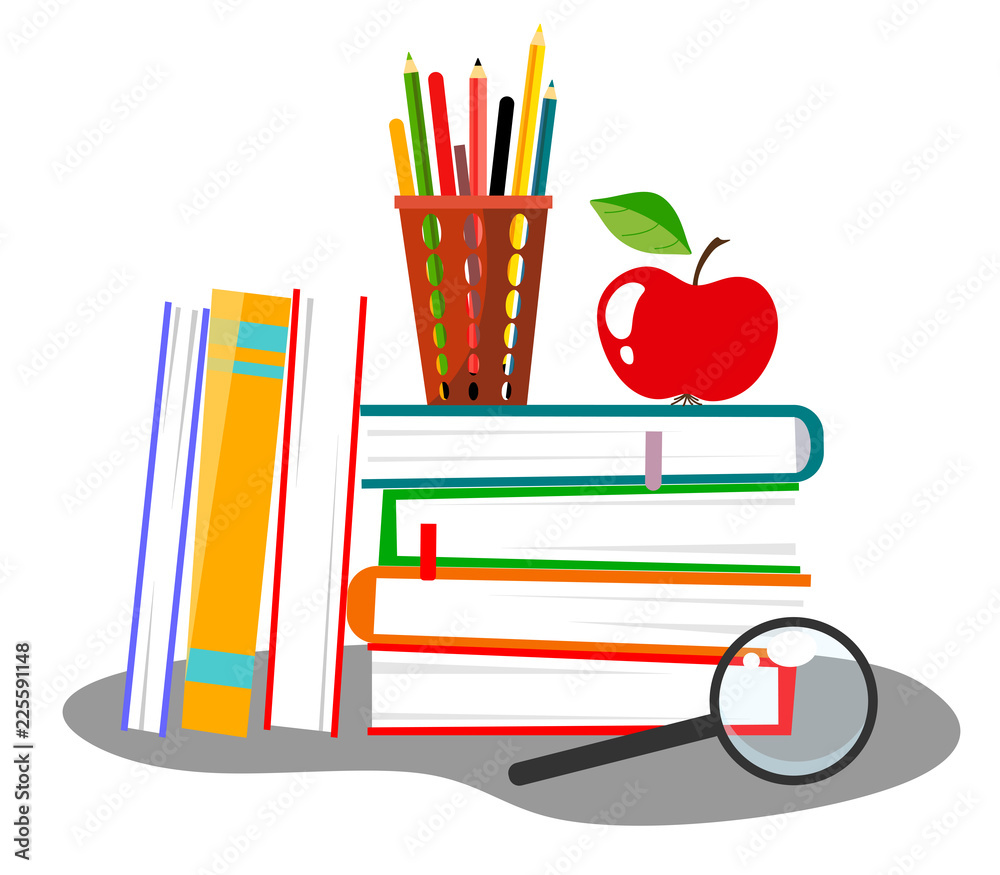 Fototapeta premium Vector illustration with a stack of books, a pencil holder, a magnifier and an apple.