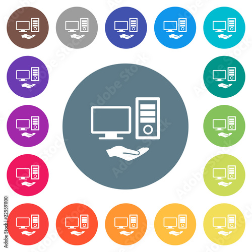 Shared computer flat white icons on round color backgrounds