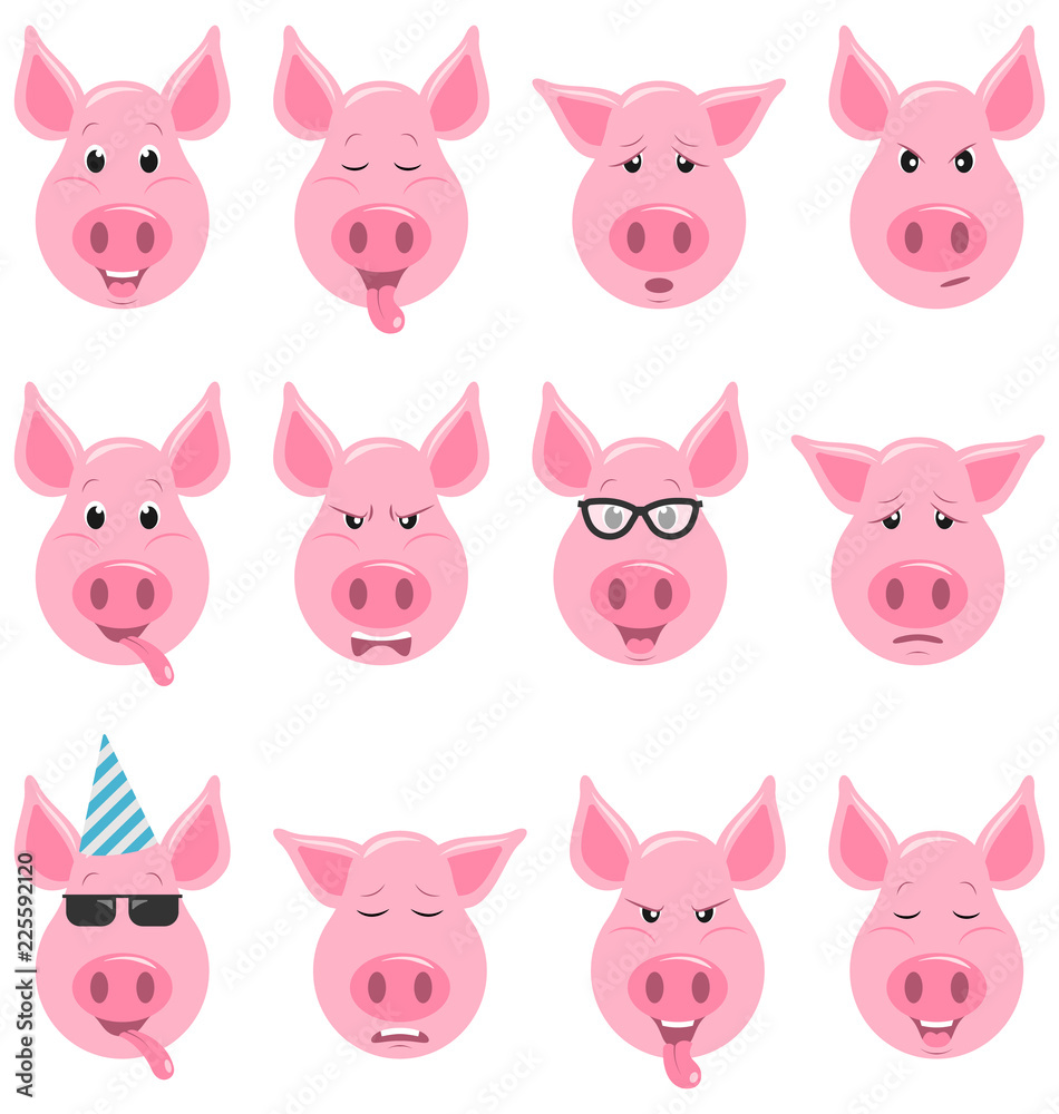 Heads of Cool Funny Pig Emoticon Characters, Funny, Cool, Angry, Sad. Collection Avatars