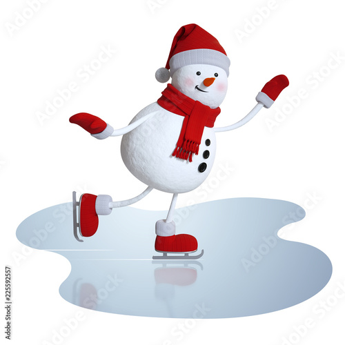 3d render, christmas character, snowman figure skating, holiday illustration, winter outdoor activity, holiday clip art isolated on white background photo