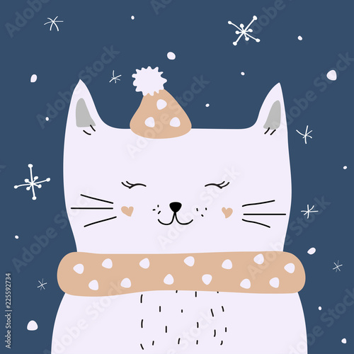 White cat  is enjoying the snow, vector Christmas card