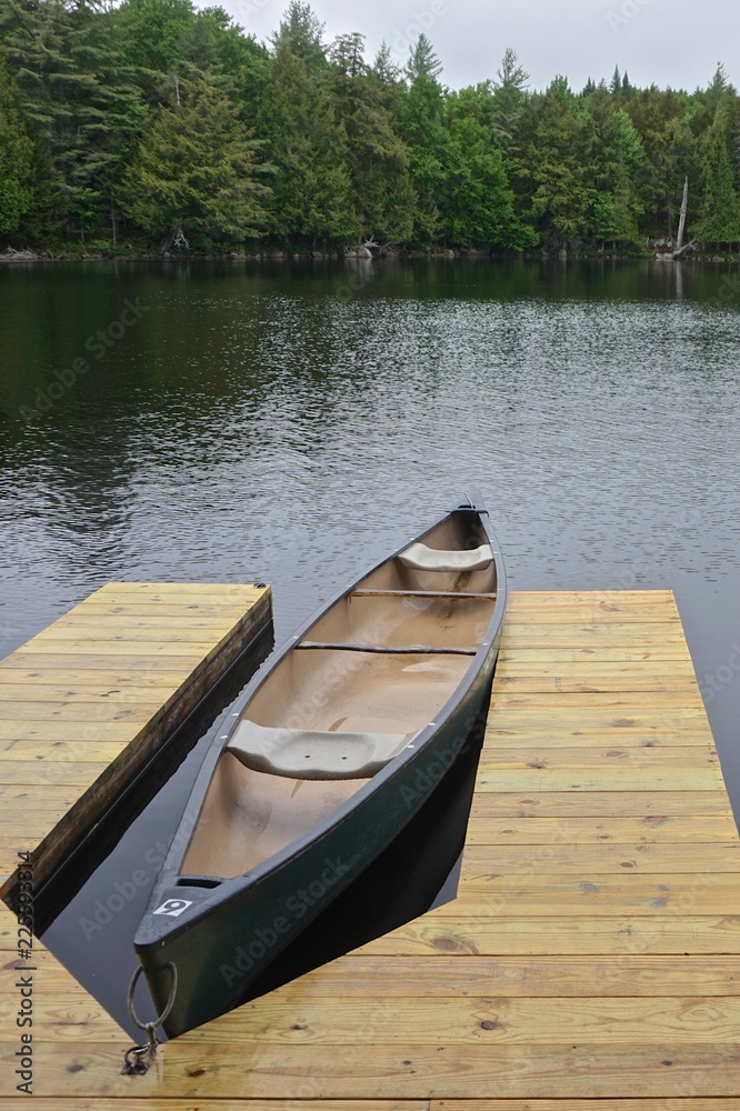 Obraz premium Sagamore Lake, Adirondack Park, New York, USA: A canoe tied to a wooden dock on a lake surrounded by evergreen trees.