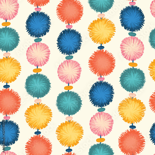 Decorative party pom poms seamless repeat vector pattern. Teal, blue, yellow, and red pom poms on white background. Great for birthday, cards, invitations, packaging, digital paper, celebration, kids