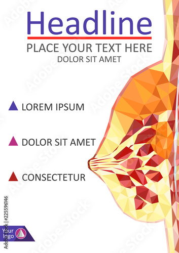Women breast cross section in low poly. Realistic 3d medical human organ cancer. For medical education, for Clinics, Universities, Schools. Medical book, journal, research. Vector