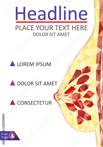 Women breast cross section in low poly. Realistic 3d medical human organ cancer. For medical education, for Clinics, Universities, Schools. Medical book, journal, research. Vector