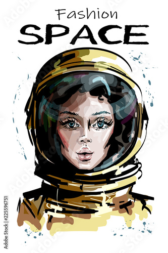 Hand drawn beautiful space woman portrait. Stylish female astronaut. Space woman character in spacesuit. Sketch.