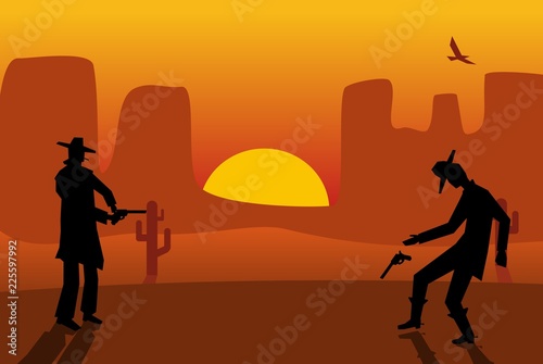 Two gunslingers duel. Desert sunset. Color flat vector illustration.