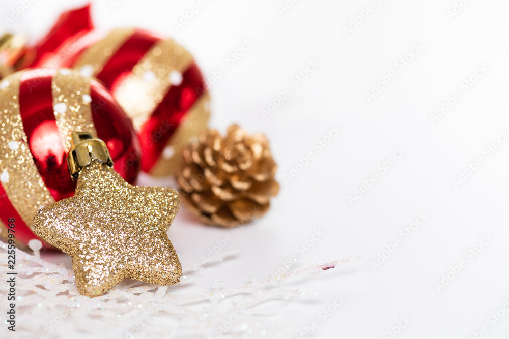 Close up Christmas balls with golden star, pine cones and snowflake on abstract background. Close up Christmas balls with golden star, pine cones and snowflake on abstract background.