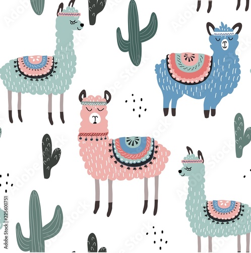Seamless pattern with llama and cactus. vector illustration for fabric, textile,wallpaper