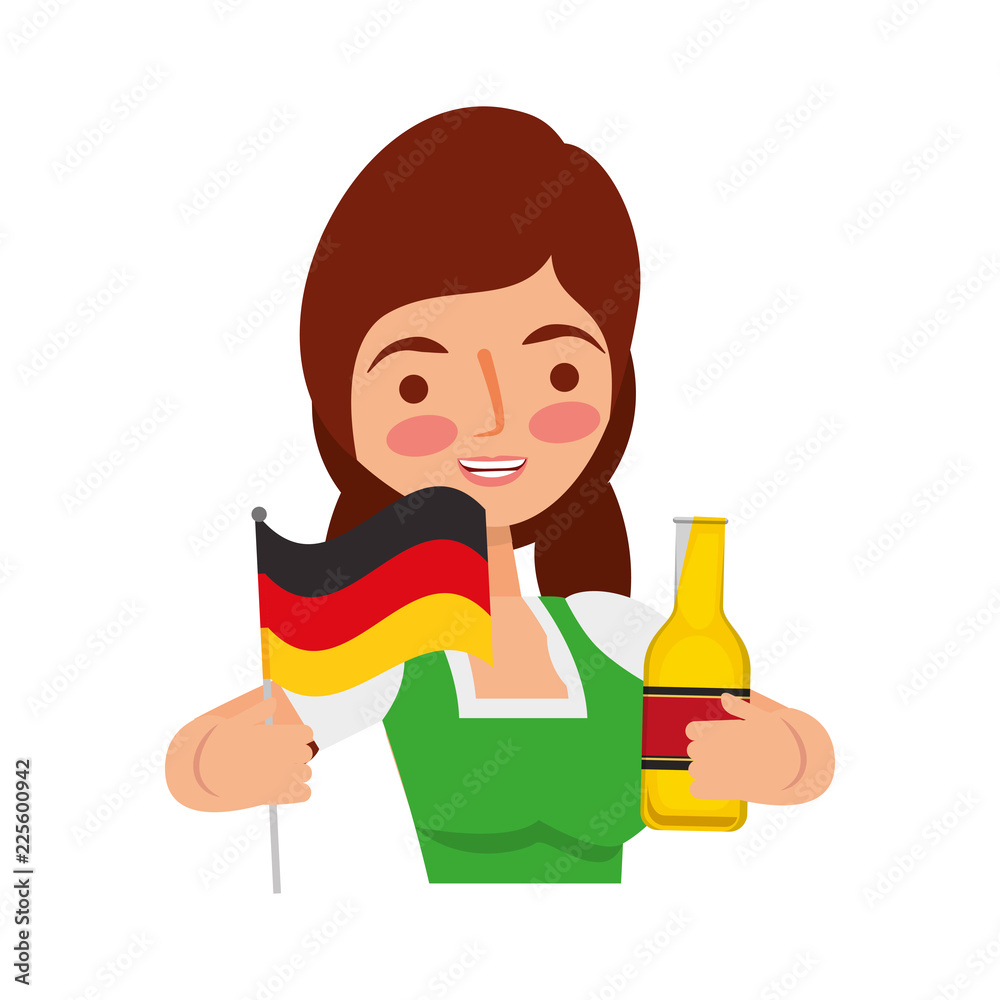 bavarian woman holding bottle beer and flag bavarian woman holding bottle beer and flag