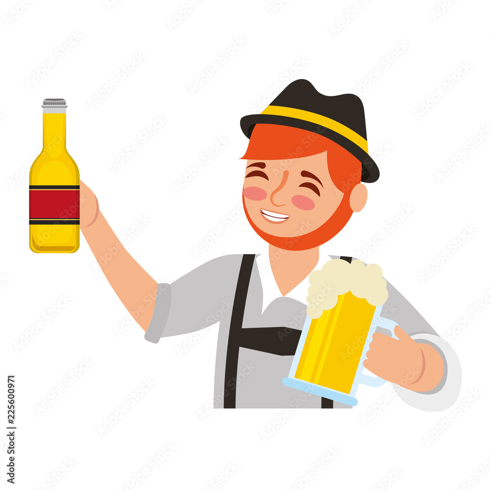 bavarian man holding bottle beer and glass cup bavarian man holding bottle beer and glass cup