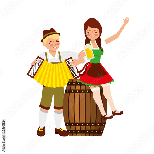 bavarian man and woman with accordion and barrel beer