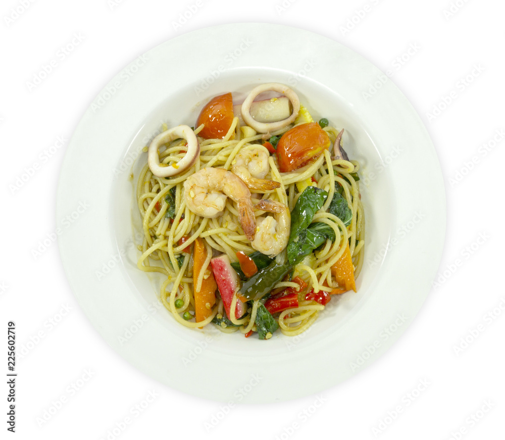 Spaghetti seafood on a white table, Top view with copy space for your text..
