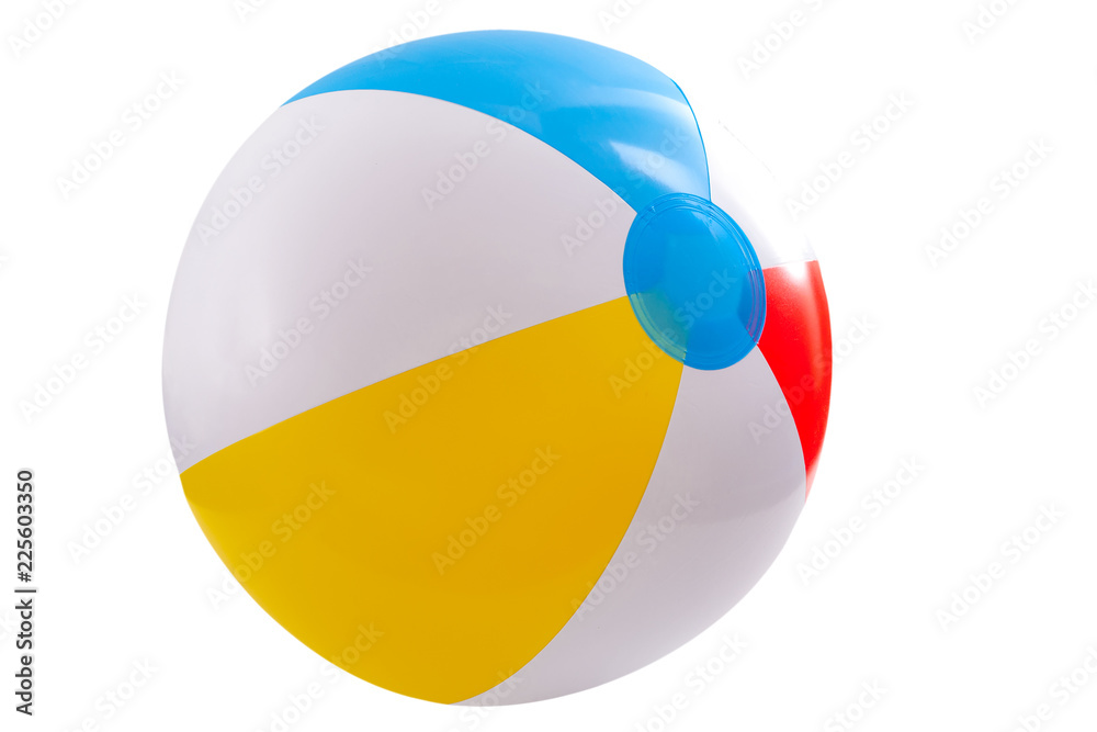 Summer vacation, beach toy and seaside fun activities concept with a inflatable beach ball isolated on white background with a clip path cutout