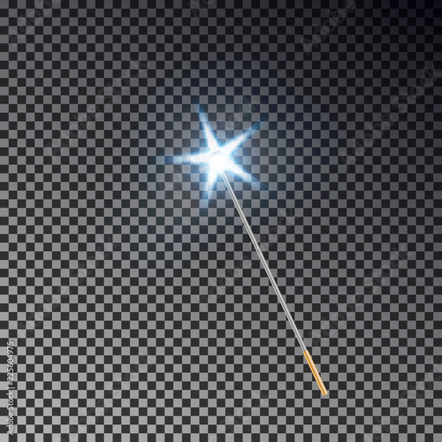 Magic wand with star vector. Transparent miracle stick with light tail isolated on dark background. 