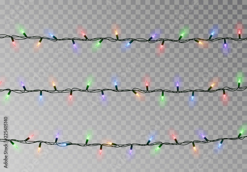 Christmas color lights string. Transparent effect decoration isolated on dark background. Realistic 