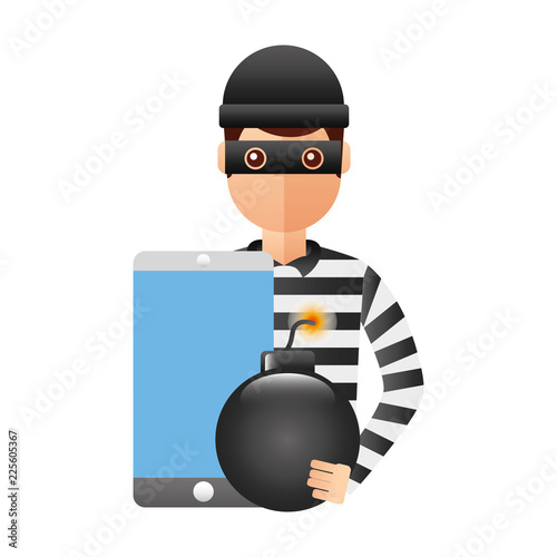 thief man with smartphone and bomb explosive
