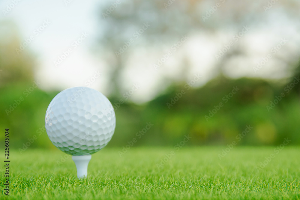 Golf ball with white tee on green grass ready to play at golf course. with copy space Golf ball with white tee on green grass ready to play at golf course. with copy space