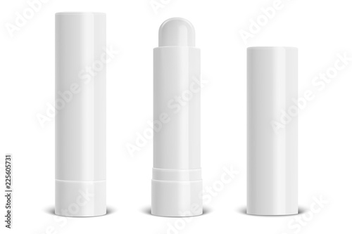 Vector realistic 3d white blank glossy closed and opened lip balm stick or hygienic lipstick set closeup isolated on white background. Design template for graphics, vector mockup. Cosmetic packaging