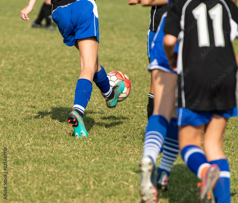 Close up action of youth girls soccer during a competitive match Close up action of youth girls soccer during a competitive match