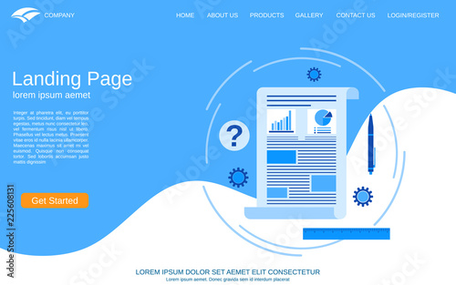 Website landing page vector template. Blue-white background with flat style business concept illustration