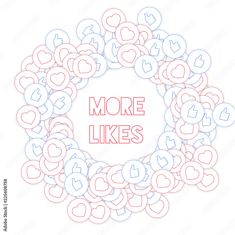 Social media icons. Social media marketing concept. Falling scattered thumbs up hearts. Round scatte