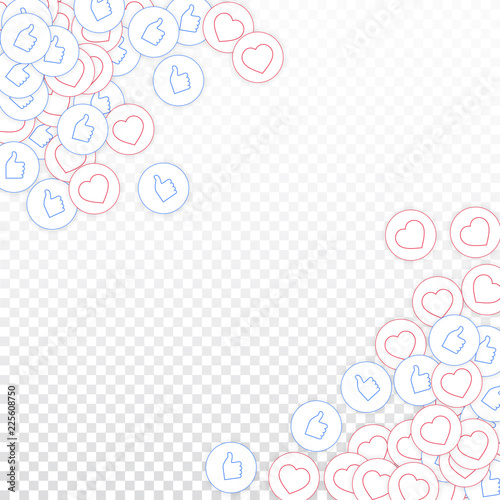 Social media icons. Social media marketing concept. Falling scattered thumbs up hearts. Scatter abst
