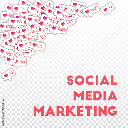 Social media icons. Social media marketing concept. Falling gradient like counter. Top left corner e