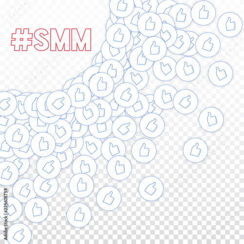 Social media icons. Smm concept. Falling scattered thumbs up. Radiant left top corner elements on tr