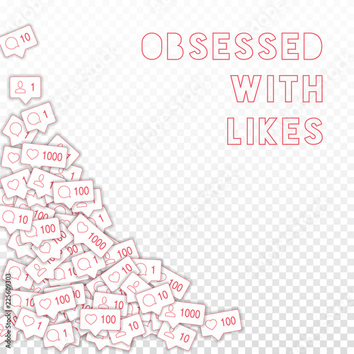 Social media icons. Obsessed with likes concept. Falling counter comment friend notification. Symmet