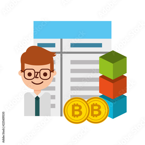 businessman cartoon bitocin blockchain fintech