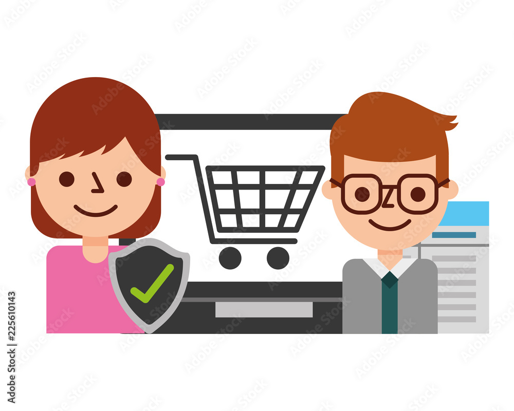 businessman and woman laptop online shopping check fintech businessman and woman laptop online shopping check fintech