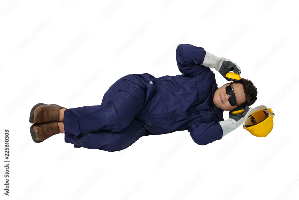 worker in Mechanic Jumpsuit had an accident at work isolated on white background worker in Mechanic Jumpsuit had an accident at work isolated on white background